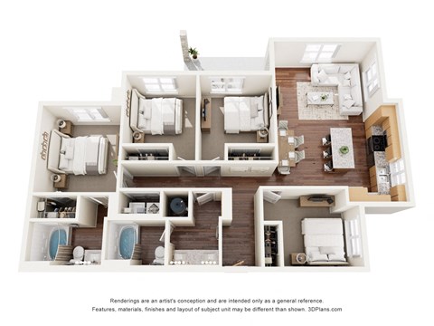 Floor plan for 4 beds, 2 baths, 1375 sqft